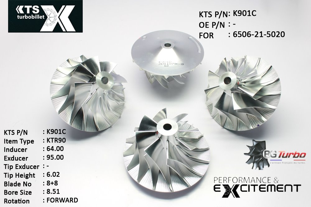 Turbo ROUE FORGÉE MFS PERFORMANCE - 8+8 PALES - INDUCER : 64 - EXDUCER : 95 - TYPE : KTR90ANGLE : 65° - ROTATION : Forward - SUPER BACK : 9,1 - BORE SIZE : 8,51
